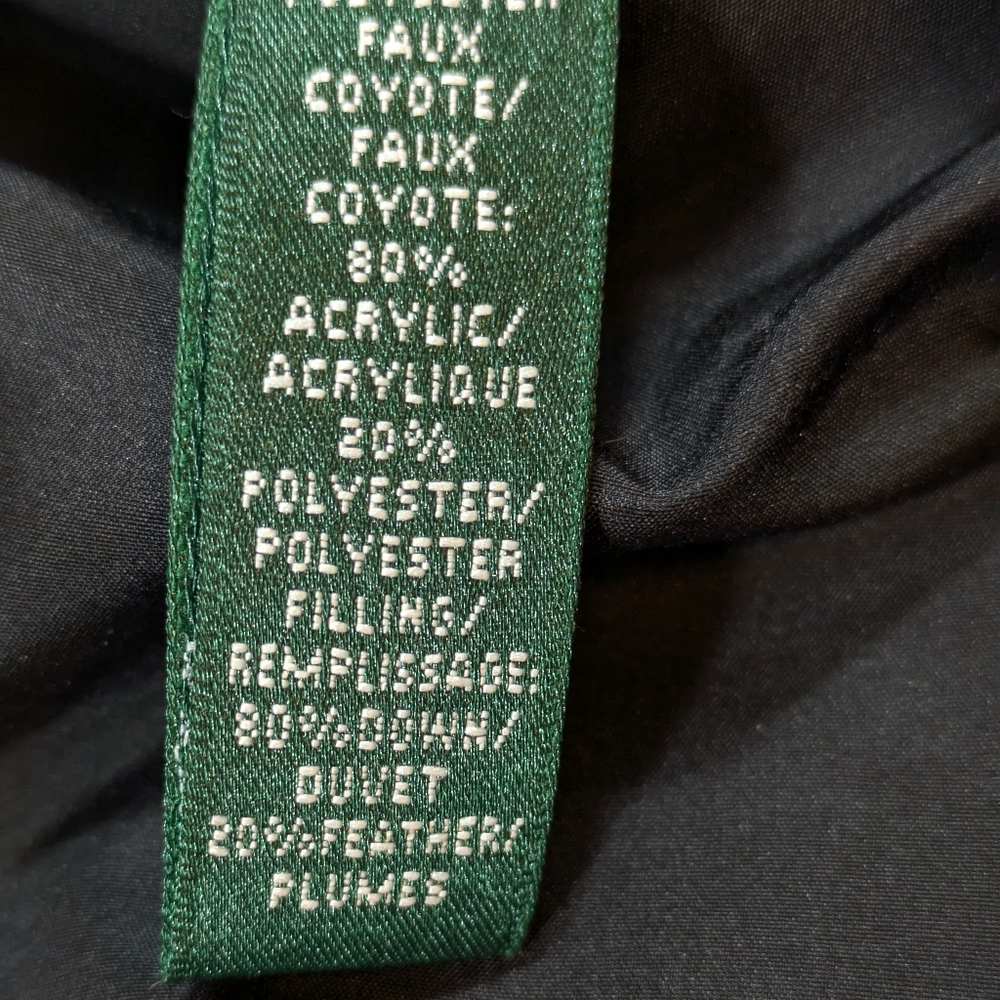 Lauren Ralph Lauren Women's Down Black Puffer Jacket Coat Faux Coyote Fur Trim L - Picture 12 of 13